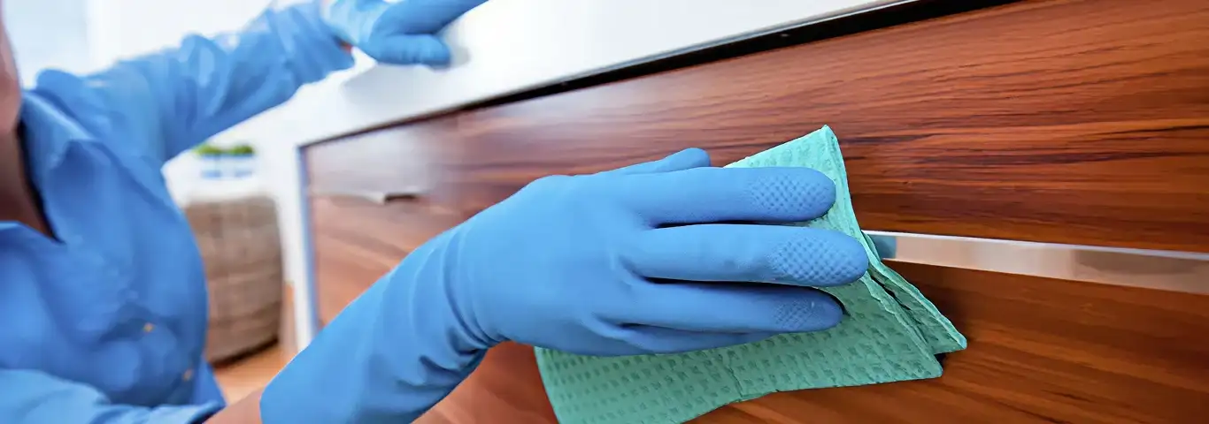Cleaner wearing blue gloves wiping a wooden cabinet drawer with a microfiber cloth for dust and grime removal, Austin, TX.
