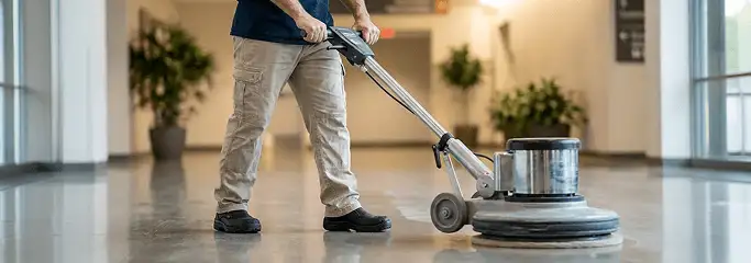 Professional technician using an industrial floor buffer to polish and maintain shiny commercial flooring in a corporate hallway in Austin, TX.