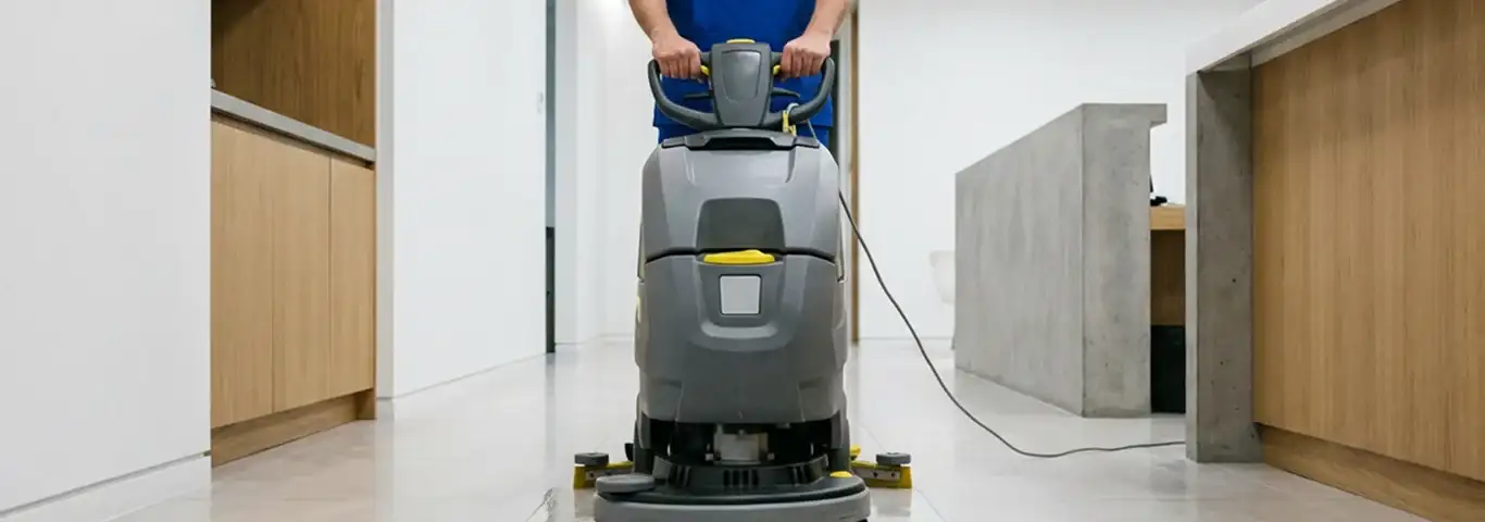 Janitorial staff using a floor scrubber machine to clean a commercial hallway, Austin, TX.