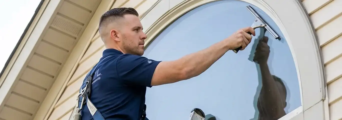 Professional window cleaner using a squeegee to clean an exterior arched window on a home, Austin, TX.