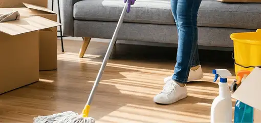 Move-out cleaning setup with a cleaner mopping hardwood floors near moving boxes and cleaning supplies, Austin, TX.