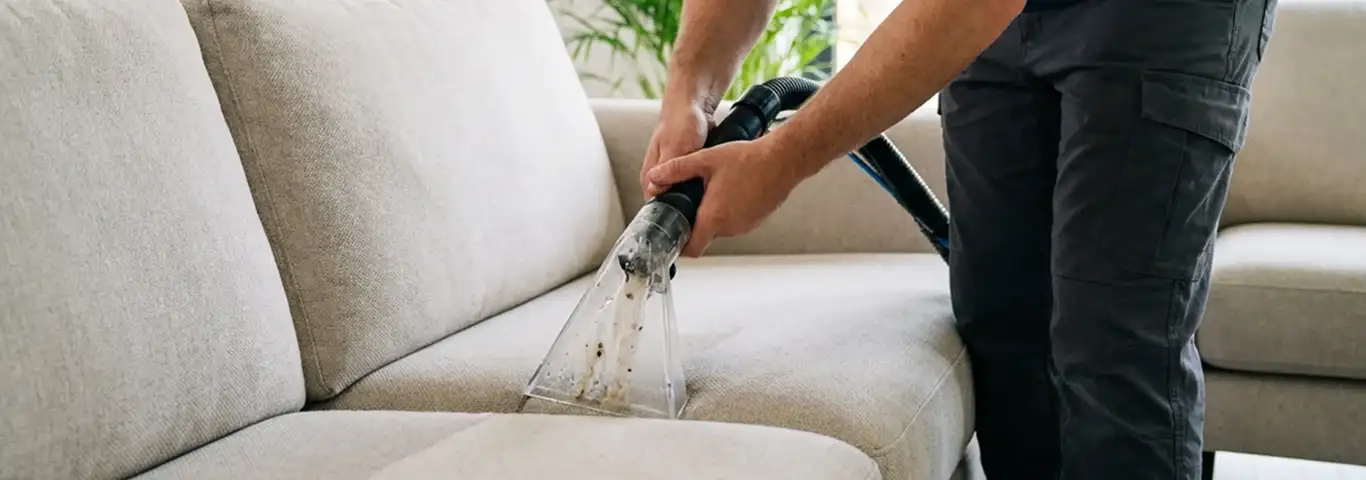 Technician extracting dirt and moisture from a fabric sofa with an upholstery cleaning wand, Austin, TX.