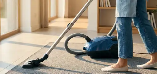 Person vacuuming a living room rug with a canister vacuum cleaner near large windows, Austin, TX.